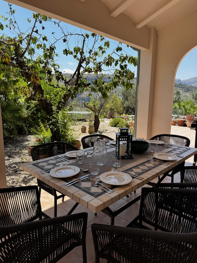 The covered terrace table laid for lunch, looking out over the valley